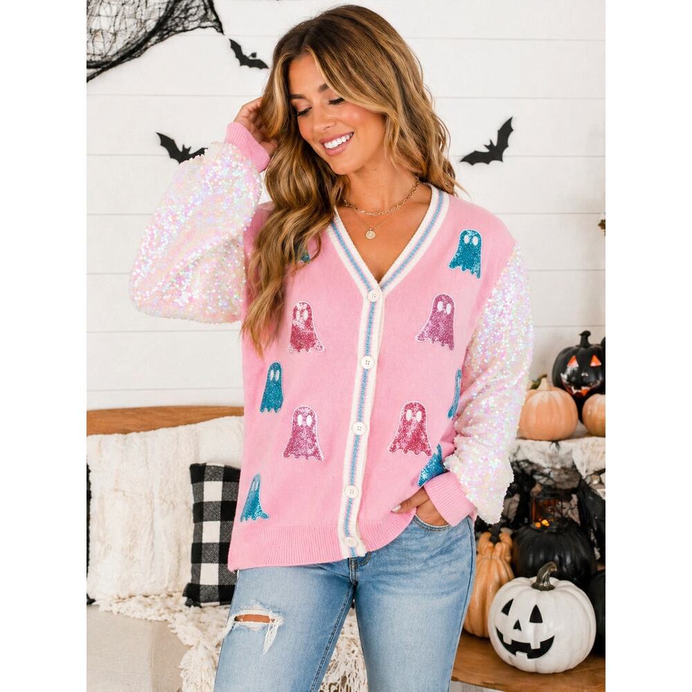 NEW Grace & Emma Pink Glitter Ghost Cardigan Sequin Sleeve Halloween Statement